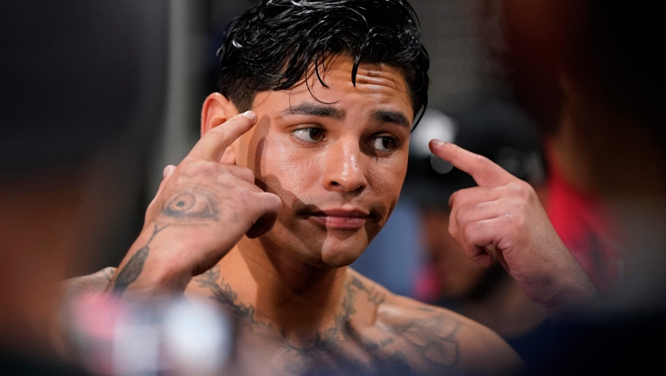 DALLAS, TEXAS - APRIL 09: Ryan Garcia speaks to reporters during a media workout at World Class Boxing Gym on April 09, 2024 in Dallas, Texas.   Sam Hodde/Getty Images/AFP (Photo by Sam Hodde / GETTY IMAGES NORTH AMERICA / Getty Images via AFP)