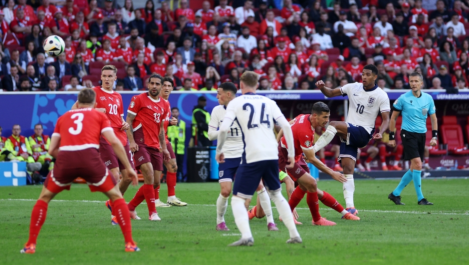 DUSSELDORF, GERMANY - JULY 06: Jude Bellingham of England has a shot which is saved by Yann Sommer of Switzerland (not pictured) during the UEFA EURO 2024 quarter-final match between England and Switzerland at Düsseldorf Arena on July 06, 2024 in Dusseldorf, Germany. (Photo by Dean Mouhtaropoulos/Getty Images)