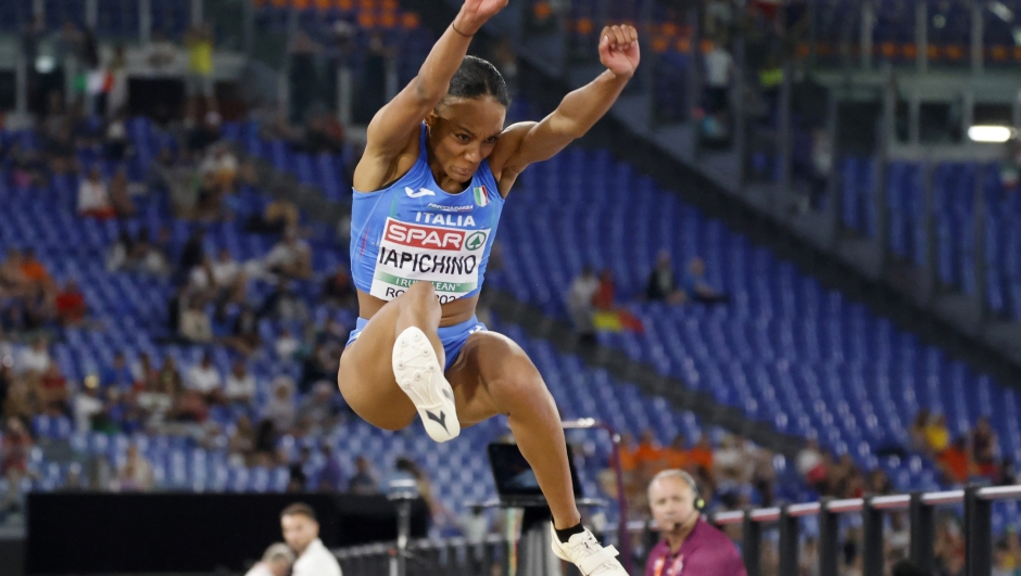 Larissa Iapichino, of Italy, makes an attempt in the women's long jump final at the European Athletics Championships in Rome, Wednesday, June 12, 2024. (AP Photo/Riccardo de Luca)