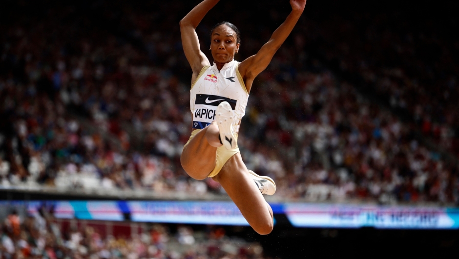 Italy's Larissa Iapichino competes in the Women's long jump event during the IAAF Diamond League athletics meeting at the London stadium in London on July 20, 2024. (Photo by BENJAMIN CREMEL / AFP)