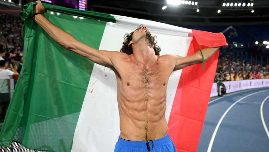 ROME, ITALY - JUNE 11: Gold medallist, Gianmarco Tamberi of Team Italy, celebrates after winning in the Men's High Jump Final on day five of the 26th European Athletics Championships - Rome 2024 at Stadio Olimpico on June 11, 2024 in Rome, Italy.  (Photo by David Ramos/Getty Images)