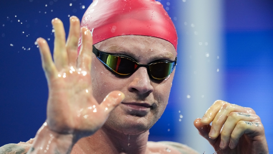 Adam Peaty, of Britain, during the men's 100-meter breaststroke semifinal at the 2024 Summer Olympics, Saturday, July 27, 2024, in Nanterre, France. (AP Photo/Ashley Landis)