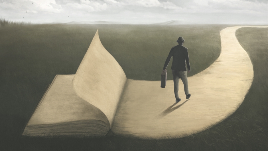 Illustration of wise man walking on the last page of a surreal book, wisdom concept