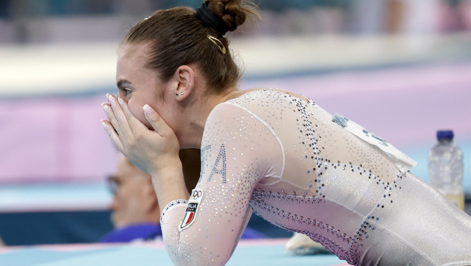 epa11510369 Angela Andreoli of Italy reacts during the Women Team final of the Artistic Gymnastics competitions in the Paris 2024 Olympic Games, at the Bercy Arena in Paris, France, 30 July August 2024.  EPA/CAROLINE BREHMAN