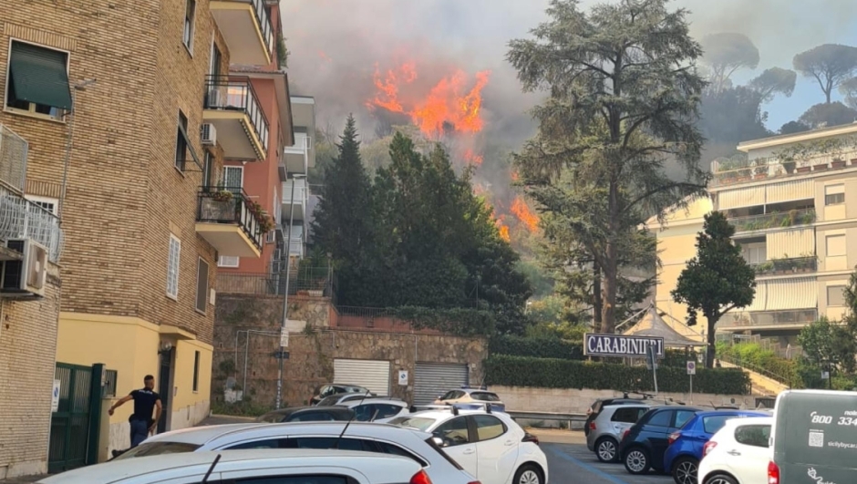 Le fiamme del vasto incendio scoppiato a Roma nei pressi della città giudiziaria di Piazzale Clodio minacciano le abitazioni, Roma, 31 luglio 2024. ANSA/ SABINA LICCI