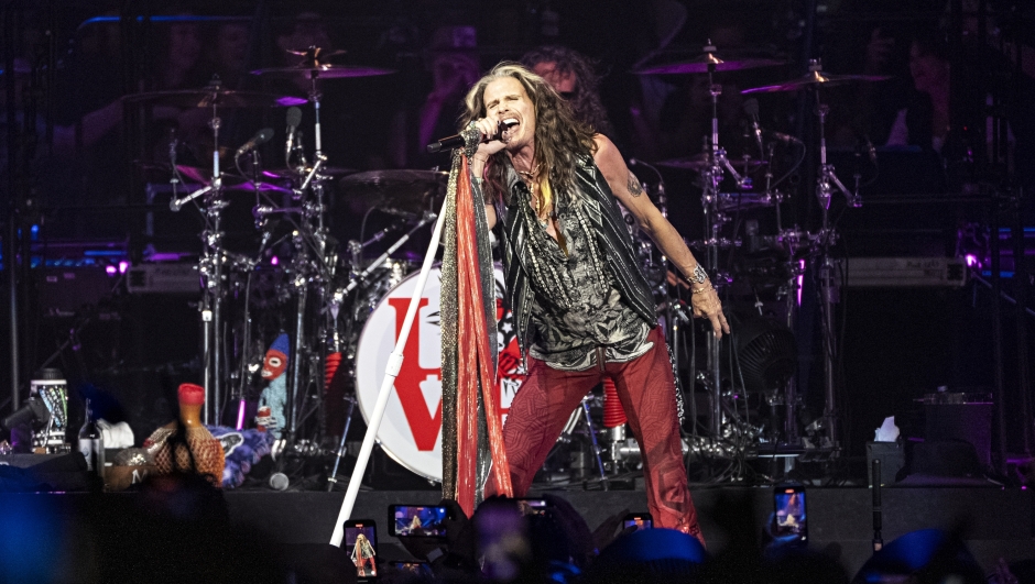 FILE - Steven Tyler of Aerosmith performs during night one of their "Peace Out: The Farewell Tour" on Sept. 2, 2023, at Wells Fargo Center in Philadelphia. The band said Friday, Aug. 2, 2024, that Tyler's voice has been permanently damaged by a vocal cord injury last year and the band will no longer tour. (Photo by Amy Harris/Invision/AP, File)