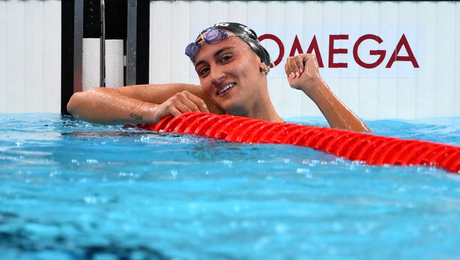 Italian Simona Quadarella reacts after the Women's 800m Freestyle final of the Swimming competitions during the Paris 2024 Olympic Games at the Paris La Defense Arena in Paris, France, 03 August 2024. Summer Olympic Games will be held in Paris from 26 July to 11 August 2024.   ANSA/ETTORE FERRARI