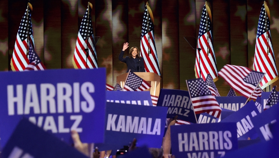 CHICAGO, ILLINOIS - AUGUST 22: Democratic presidential candidate, U.S. Vice President Kamala Harris speaks on stage during the final day of the Democratic National Convention at the United Center on August 22, 2024 in Chicago, Illinois. Delegates, politicians, and Democratic Party supporters are gathering in Chicago, as current Vice President Kamala Harris is named her party's presidential nominee. The DNC takes place from August 19-22.   Alex Wong/Getty Images/AFP (Photo by ALEX WONG / GETTY IMAGES NORTH AMERICA / Getty Images via AFP)