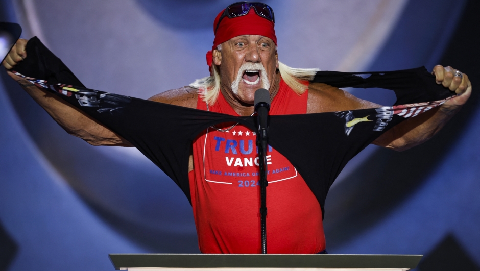 Professional entertainer and wrestler Hulk Hogan rips his shirt as he speaks on stage on the fourth day of the Republican National Convention at the Fiserv Forum on July 18, 2024 in Milwaukee, Wisconsin. Delegates, politicians, and the Republican faithful are in Milwaukee for the annual convention, concluding with former President Donald Trump accepting his party's presidential nomination. The RNC takes place from July 15-18. Chip Somodevilla/Getty Images/AFP (Photo by CHIP SOMODEVILLA / GETTY IMAGES NORTH AMERICA / Getty Images via AFP)