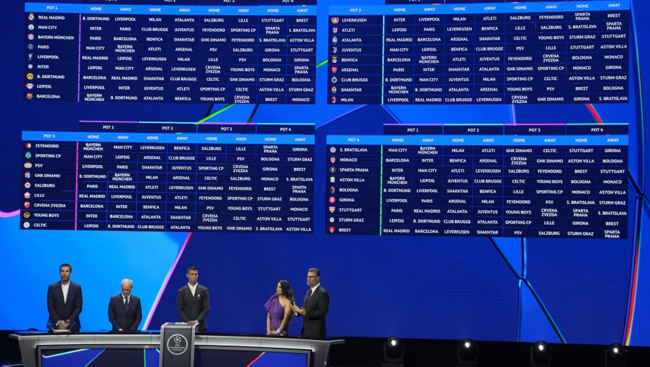 The clubs and fixtures are shown on the screen at the end of the Champions League, league phase, draw, in Monaco, Thursday, Aug. 29, 2024. (AP Photo/Gregorio Borgia)