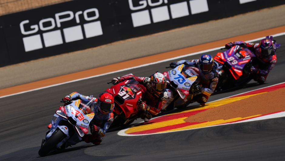 Spain's rider Marc Marquez of the Gresini Racing MotoGP leads the pack during the MotoGP race at the Aragon Motorcycle Grand Prix at the MotorLand Aragon circuit, in Alcaniz, Spain, Sunday, Sept. 1, 2024. (AP Photo/Jose Breton)