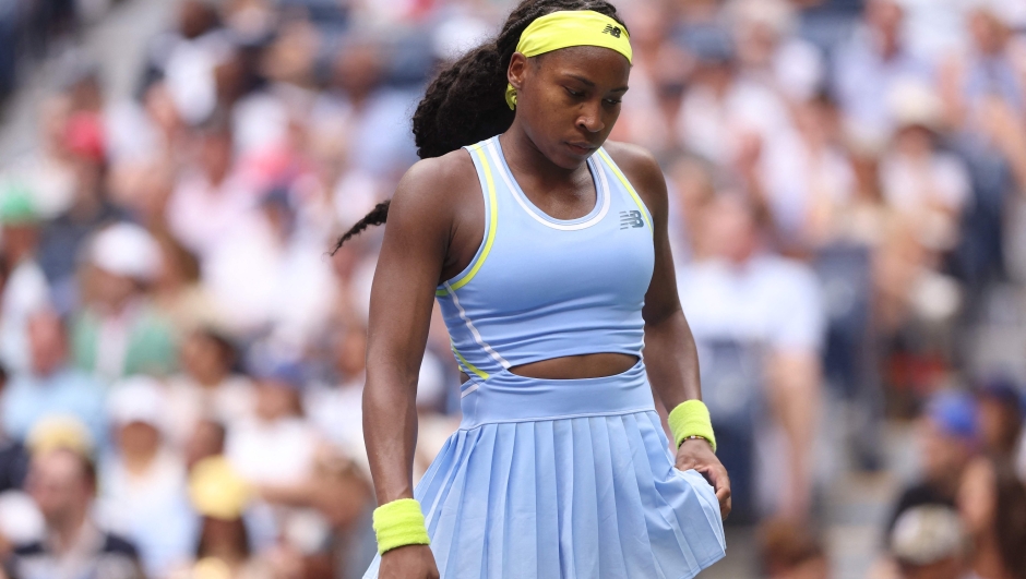 NEW YORK, NEW YORK - SEPTEMBER 01: Coco Gauff of the United States reacts against Emma Navarro of the United States during their Women's Singles Fourth Round match on Day Seven of the 2024 US Open at USTA Billie Jean King National Tennis Center on September 01, 2024 in the Flushing neighborhood of the Queens borough of New York City.   Matthew Stockman/Getty Images/AFP (Photo by MATTHEW STOCKMAN / GETTY IMAGES NORTH AMERICA / Getty Images via AFP)