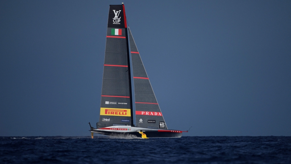 Italy's Luna Rossa Prada Pirelli competes on the third day of the 37th America's Cup-Luis Vuitton preliminary regatta, off the coast of Barcelona on August 31, 2024. (Photo by Josep LAGO / AFP)