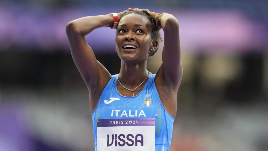 Sintayehu Vissa, of Italy, reacts after finishing her women's 1500 meters semifinal at the 2024 Summer Olympics, Thursday, Aug. 8, 2024, in Saint-Denis, France. (AP Photo/Ashley Landis)