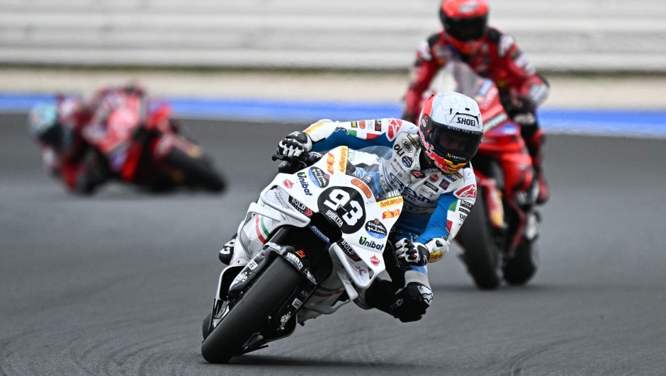 Gresini Racing MotoGP's Spanish rider Marc Marquez leads ahead of Ducati Lenovo Team's Italian rider Francesco Bagnaia during the San Marino MotoGP race at the Misano World Circuit Marco-Simoncelli in Misano Adriatico on September 8, 2024. (Photo by Gabriel BOUYS / AFP)