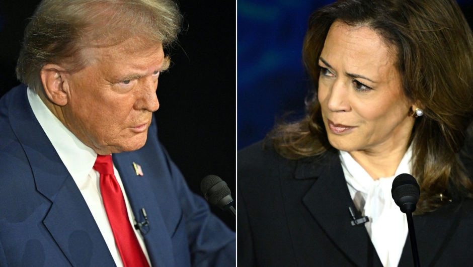 TOPSHOT - (COMBO) This combination of pictures created on September 10, 2024 shows former US President and Republican presidential candidate Donald Trump (L) and US Vice President and Democratic presidential candidate Kamala Harris  participating in a presidential debate at the National Constitution Center in Philadelphia, Pennsylvania, on September 10, 2024.   US Vice President and Democratic presidential candidate Kamala Harris speaks during a presidential debate with former US President and Republican presidential candidate Donald Trump at the National Constitution Center in Philadelphia, Pennsylvania, on September 10, 2024. (Photo by SAUL LOEB / AFP)