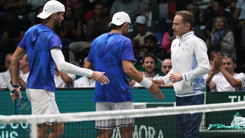 Vavassori and Boloelli during the tennis Davis Cup final 8 double match between Andrea Vavassori and Simone Bolelli (Italy) vs.  Botic Van Zandschulp and Wesley Koolhof (Netherlands) at the Unipol arena, Casalecchio (Bologna), Bologna, northern Italy, Sunday, September 15, 2024. Sport - Tennis - (Photo Michele Nucci - LaPresse)