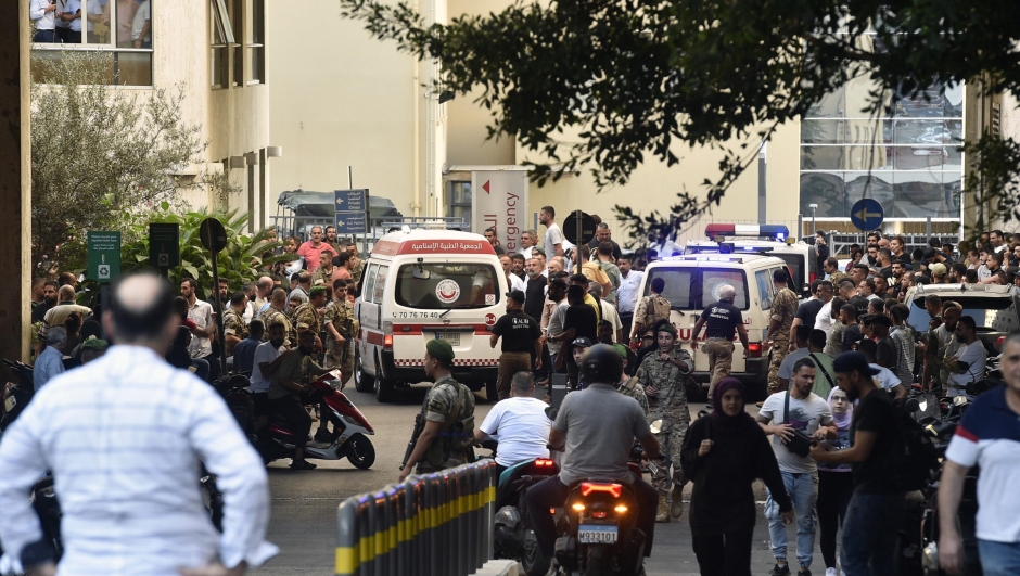 epa11610013 An ambulance arrives at the American University of Beirut Medical Center (AUBMC) after an incident involving Hezbollah membersâ?? wireless devices in Beirut,  Lebanon, 17 September 2024. According to Lebanonâ??s state news agency, several â??wireless communication devices (pagers) were detonated using advanced technology.â?? Hundreds of people with various injuries have been arriving at Lebanese hospitals, according to the Lebanese Public Health Emergency Operations Center of the Ministry of Public Health.  EPA/WAEL HAMZEH