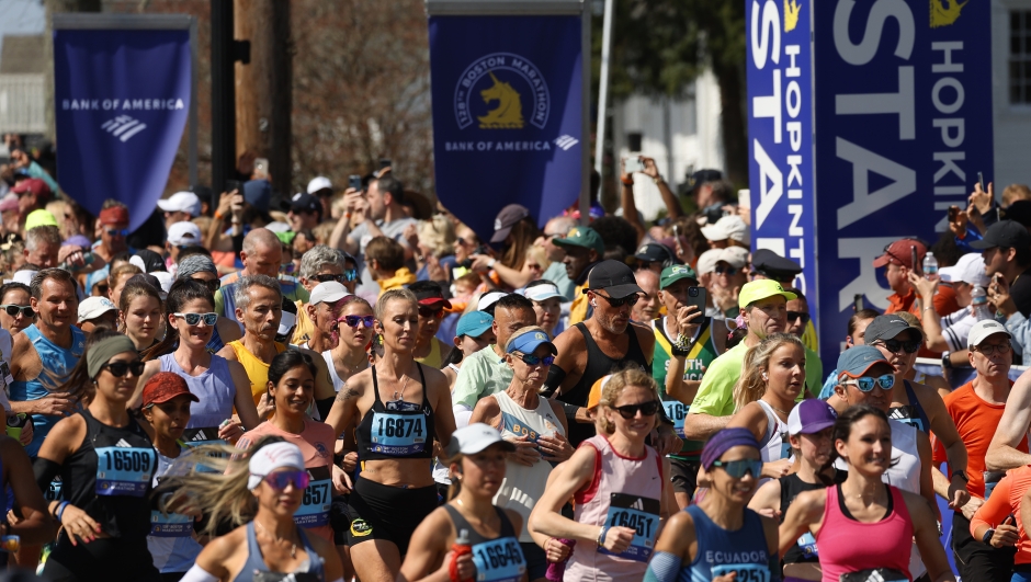 FILE - A wave of runners start the Boston Marathon, Monday, April 15, 2024, in Hopkinton, Mass. (AP Photo/Mary Schwalm, File)