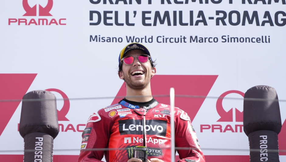 Enea Bastianini of Italy and Ducati Lenovo Team celebrates the victory of the race of the Pramac MotoGP of Emilia Romagna at Marco Simoncelli Circuit on September 22 2024 in Misano Adriatico, Italy. ANSA/DANILO DI GIOVANNI