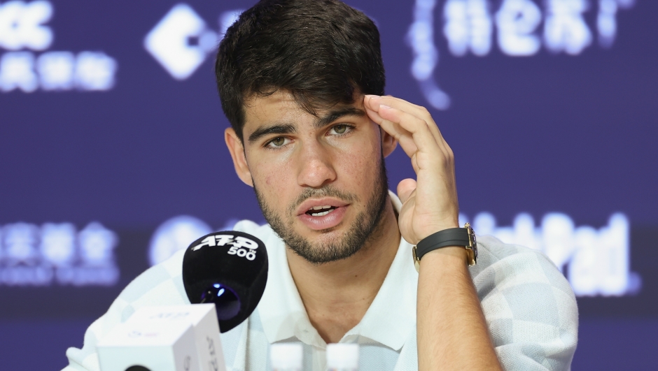 BEIJING, CHINA - SEPTEMBER 25: Carlos Alcaraz of Spain attends the press conference during the day 3 of 2024 China Open at National Tennis Center on September 25, 2024 in Beijing, China. (Photo by Lintao Zhang/Getty Images)