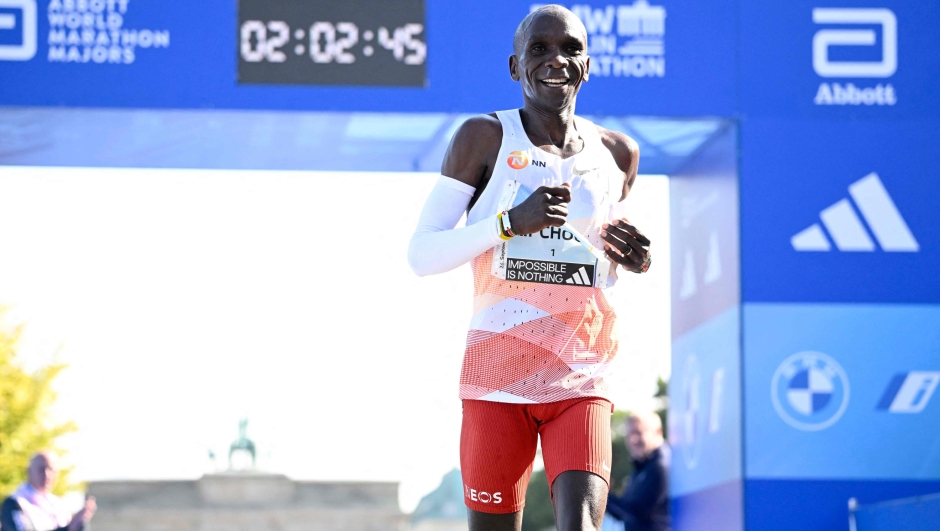 Kenya's Eliud Kipchoge smiles asfter crossing the finish line to win the men's race of the Berlin Marathon on September 24, 2023 in Berlin, Germany. (Photo by Tobias SCHWARZ / AFP)