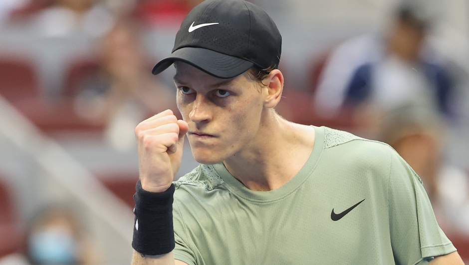 BEIJING, CHINA - SEPTEMBER 28:  Jannik Sinner of Italy celebrates a point in the Men's Singles Round of 16 against Roman Safiullin of Russia on Day 6 of the China Open at National Tennis Center on September 28, 2024 in Beijing, China. (Photo by Lintao Zhang/Getty Images)