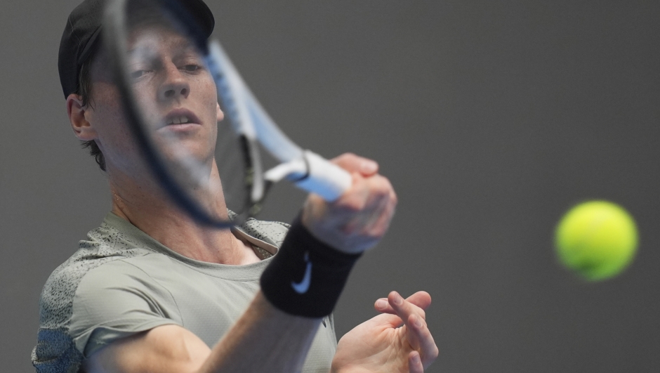 Jannick Sinner of Italy returns a shot from Roman Safiullin of Russia during the China Open tennis tournament held at the National Tennis Center in Beijing, Saturday, Sept. 28, 2024. (AP Photo/Ng Han Guan)