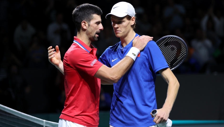 MALAGA, SPAIN - NOVEMBER 25: Jannik Sinner of Italy celebrates winning match point during the Semi-Final match against Novak Djokovic of Serbia in the Davis Cup Final at Palacio de Deportes Jose Maria Martin Carpena on November 25, 2023 in Malaga, Spain. (Photo by Clive Brunskill/Getty Images for ITF)