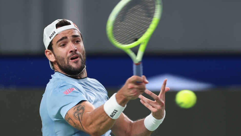 SHANGHAI, CHINA - OCTOBER 07: Matteo Berrettini of Italy plays a forehand against Holger Rune of Denmark during the Men's Singles second round match on Day 8 of 2024 Shanghai Rolex Masters at Qi Zhong Tennis Centre on October 07, 2024 in Shanghai, China. (Photo by Lintao Zhang/Getty Images)