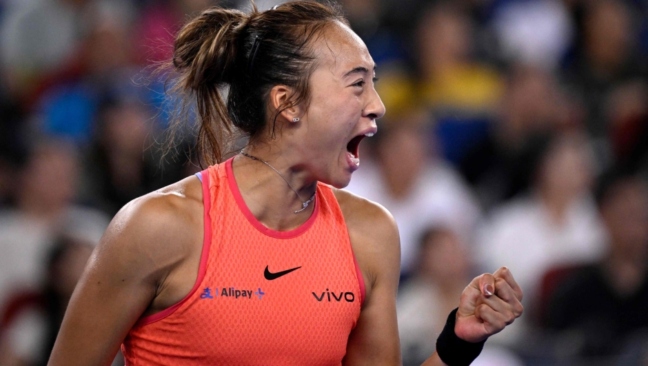 China's Zheng Qinwen reacts during womens singles semi-final match against Chinas Wang Xinyu at the Wuhan Open tennis tournament in Wuhan, China's Hubei province on October 12, 2024. (Photo by WANG Zhao / AFP)