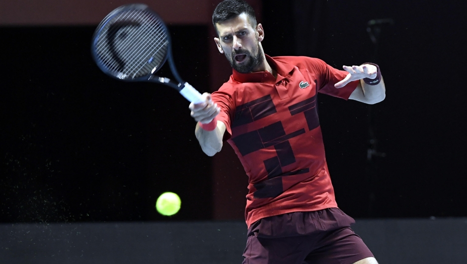 epa11669163 Novak Djokovic of Serbia during his third place match against Rafel Nadal of Spain at the Six Kings Slam exhibition tennis tournament in Riyadh, Saudi Arabia, 19 October 2024.  EPA/STR