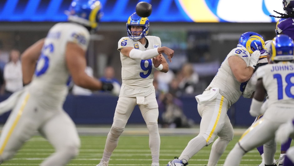 Los Angeles Rams quarterback Matthew Stafford (9) passes during the first half of an NFL football game against the Minnesota Vikings, Thursday, Oct. 24, 2024, in Inglewood, Calif. (AP Photo/Mark J. Terrill)