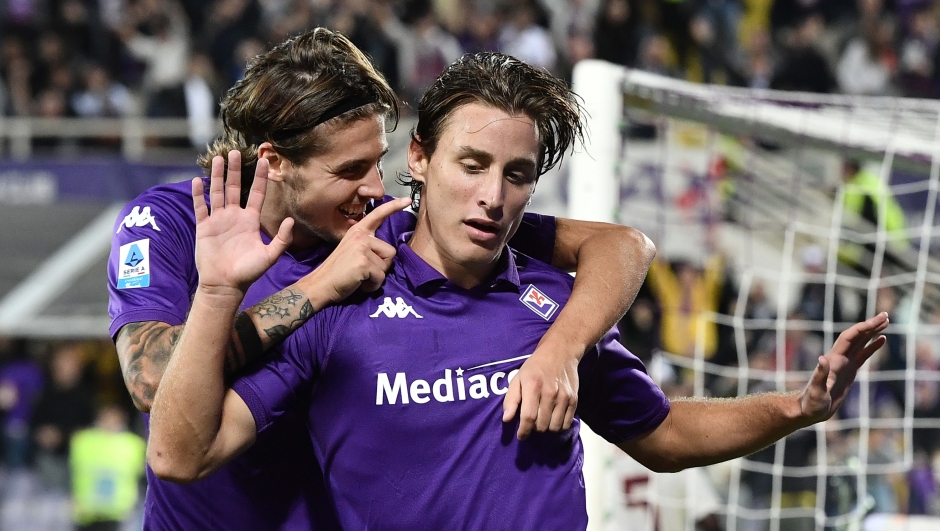 Fiorentina's Edoardo Bove celebrates after scoring goal 4-1during the Serie A Enilive 2024/2025 match between Fiorentina and Roma - Serie A Enilive at the Stadio Artemio Franchi - Sports, Football - Florence, Italy - Sunday 27 October 2024 (Photo by Stringer/LaPresse)