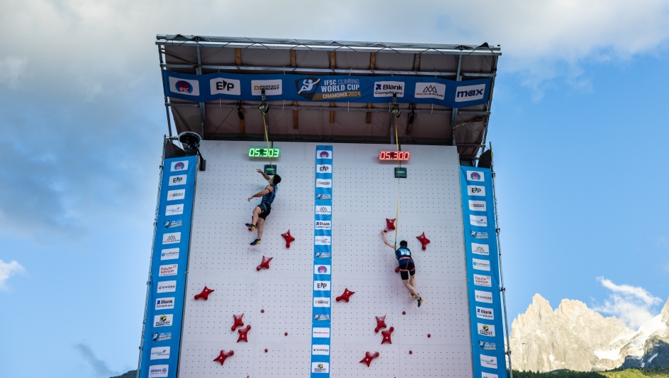 Chamonix (FRA), 13 July 2024: Italy and Kazakhstan competes in the Speed qualifications during the IFSC Climbing World Cup in Chamonix (FRA).

© Jan Virt/IFSC. This photo is for editorial use only. For any additional use please contact communications@ifsc-climbing.org.