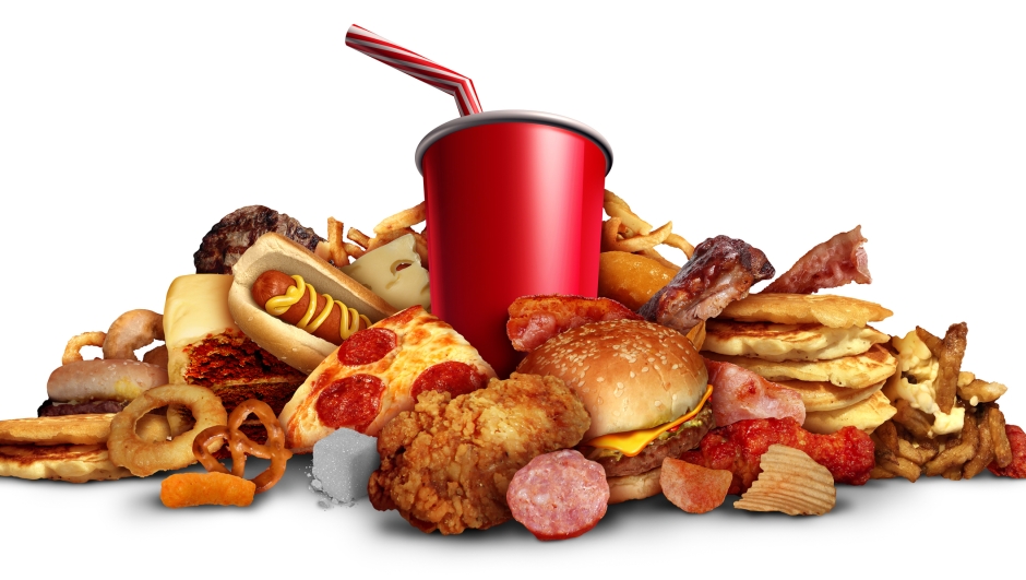 Consuming junk food as fried foods hamburgers soft drinks leading to health risks as obesity and diabetes as fried foods that are high in unhealthy fats on a white background with 3D illustration elements.