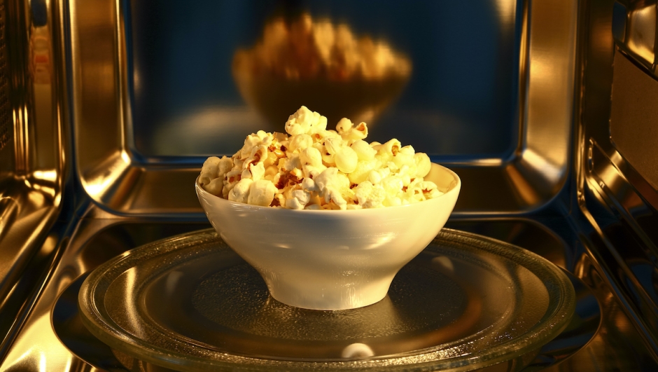 Bowl of popcorn inside the cavity of a stainless steel microwave oven