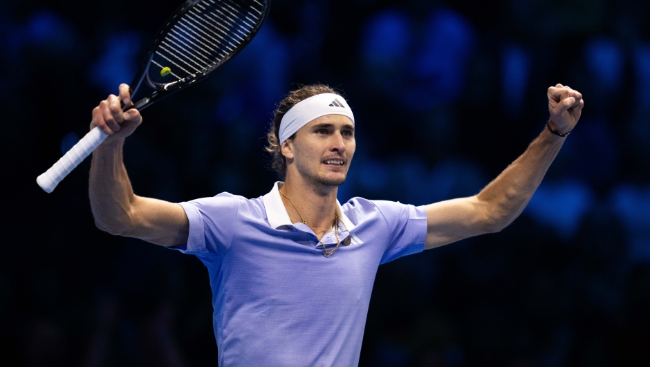 Germany's Alexander Zverev react after 1 game  during the singles tennis match of the ATP World Tour Finals againstSpain's Carlos Alcaraz at the Inalpi Arena in Turin, Italy - Sport - Friday, November 15, 2024. (Photo by Marco Alpozzi/Lapresse)