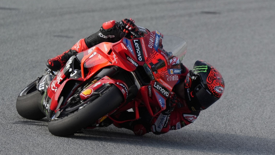 Ducati Italian rider Francesco Bagnaia rides during the second free practice session of the Solidarity Grand Prix of Barcelona at the Circuit de Catalunya on November 15, 2024 in Montmelo on the outskirts of Barcelona. (Photo by Manaure Quintero / AFP)