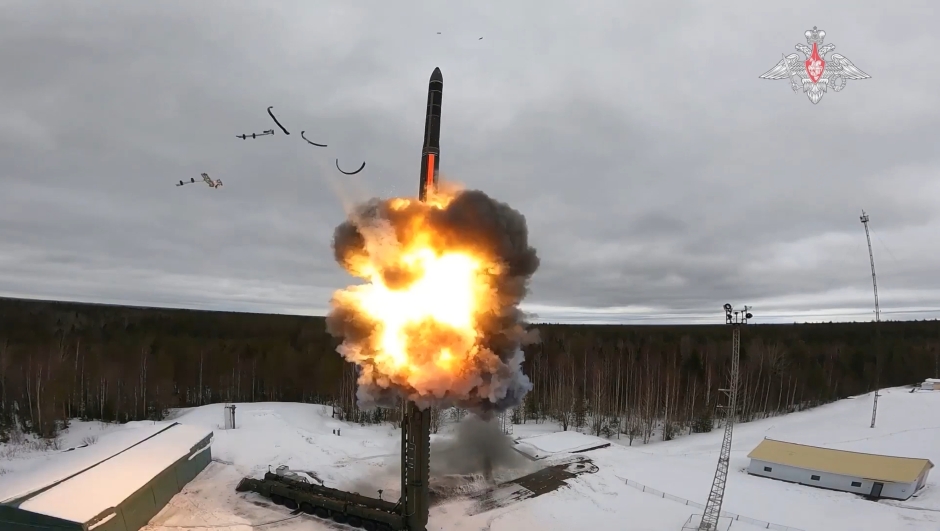 In this photo taken from video released by Russian Defense Ministry Press Service on Friday, March 1, 2024, a Yars intercontinental ballistic missile is test-fired from the Plesetsk launch pad in northwestern Russia. The Russian Defense Ministry said that the missile's practice warheads hit the designated practice targets on the Kura testing range on the Kamchatka Peninsula in Russia's Far East. (Russian Defense Ministry Press Service via AP)