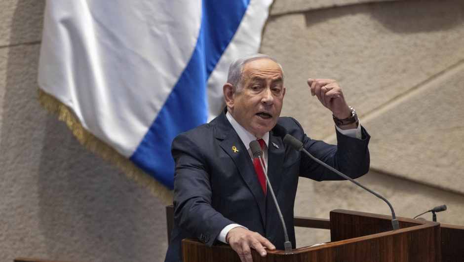 FILE - Israel's Prime Minister Benjamin Netanyahu addresses lawmakers in the Knesset, Israel's parliament, in Jerusalem. Monday Nov. 18, 2024. (AP Photo/Ohad Zwigenberg, File)