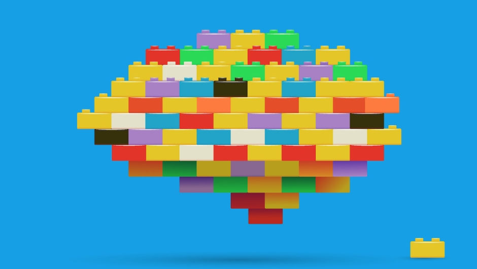 Brain made of toy bricks. Mind, education, gamification concept. Vector illustration.