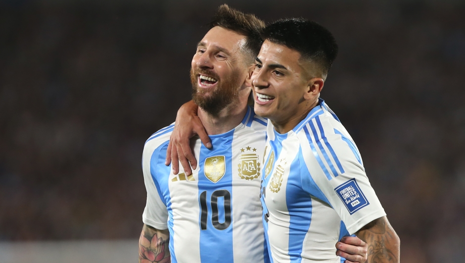 BUENOS AIRES, ARGENTINA - OCTOBER 15: Lionel Messi of Argentina celebrates with teammate Thiago Almada of Argentina 
 after scoring the team's fifth goal during the FIFA World Cup 2026 South American Qualifier match between Argentina and Bolivia at Estadio Más Monumental Antonio Vespucio Liberti on October 15, 2024 in Buenos Aires, Argentina. (Photo by Daniel Jayo/Getty Images)