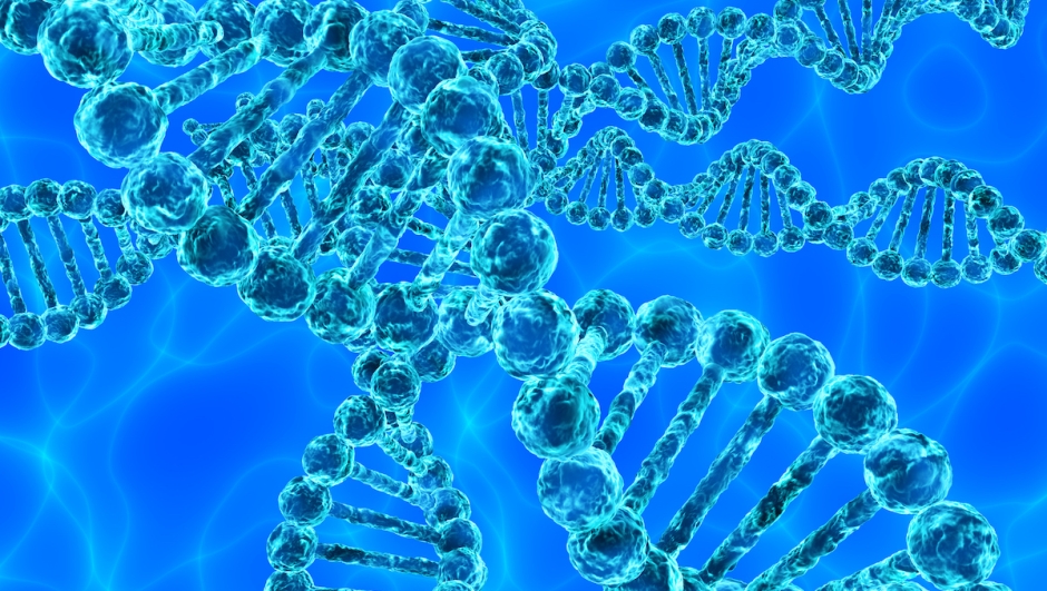 Illustration of blue DNA (deoxyribonucleic acid) with waves on background