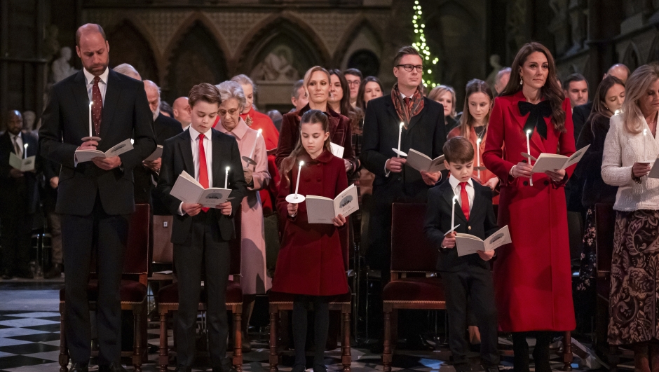 Britain's William, The Prince of Wales, from left, Prince George, Princess Charlotte, Prince Louis and Kate, the Princess of Wales, during the Together At Christmas carol service at Westminster Abbey, in London, Friday, Dec. 6, 2024. (Aaron Chown/Pool Photo via AP)