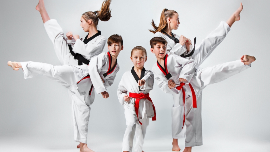 The studio shot of group of kids training karate martial arts on gray backlground