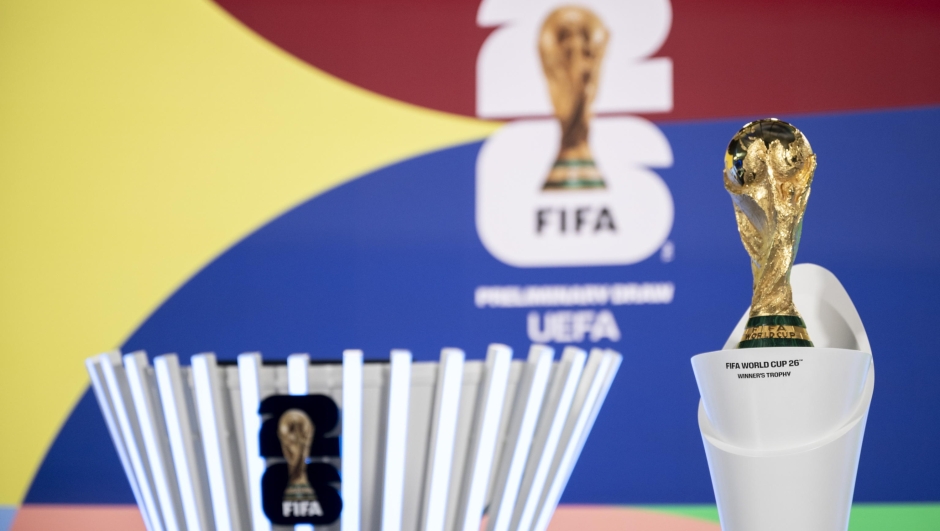 epa11774344 The FIFA World Cup is on display before the start of the UEFA Preliminary Draw for the FIFA World Cup 2026, at the FIFA headquarters in Zurich, Switzerland, 13 December 2024.  EPA/ENNIO LEANZA