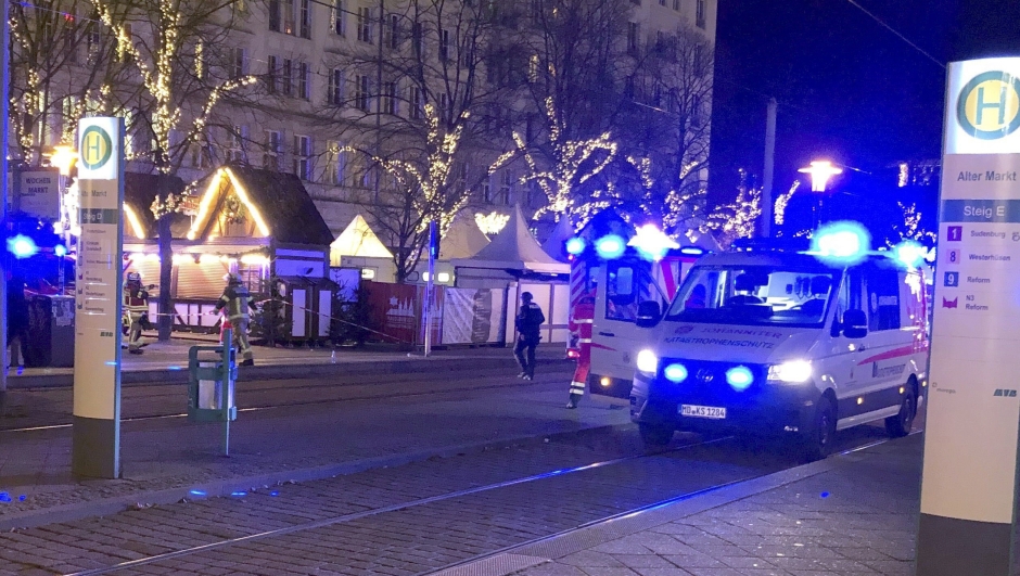 Emergency services attend an incident at the Christmas market in Magdeburg, Germany, Friday Dec. 20, 2024. (Dörthe Hein/dpa via AP)   Associated Press / LaPresse Only italy and Spain