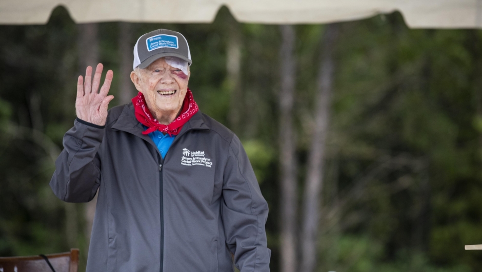 epa11798016 (FILE) A handout photo made available by Habitat for Humanity International showing Former US President Jimmy Carter gesturing as he participates in the 36th Jimmy & Rosalynn Carter Work Project in Nashville, Tennessee, USA, 07 October 2019 (reissued 29 December 2024). Carter died on 29 December 2024 at his home in Plains, Georgia, The Carter Center confirmed. He was 100, the longest-lived president in US history.  He took office as President of the United States on 20 January 1977 and succeeded Gerald Ford until he left office on 20 January 1981 to his successor Ronald Reagan. James Earl 'Jimmy' Carter, Jr. was born on 01 October 1924 in the village of Plains, Georgia, USA. After school he enrolled in the US Navy until 09 October 1953 after which he returned to his native village to extend the family peanut farm. In 1961 Jimmy Carter was elected to the state senate and on 12 January 1971 he became Governor of Georgia. In 2002 he became the only US President to receive the Nobel Peace Prize after leaving office. Outside of his political career Jimmy Carter was also known for his volunteer work with the 'Habitat for Humanity' organization.  EPA/Habitat for Humanity Internation HANDOUT HANDOUT EDITORIAL USE ONLY/NO SALES *** Local Caption *** 55531330