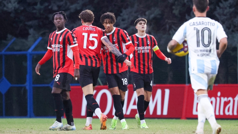 SOLBIATE ARNO, ITALY - DECEMBER 22: Kevin Zeroli of Milan Futuro celebrates after scoring his team's first goal during the Serie C match between Milan Futuro and Virtus Entella at Stadio Felice Chinetti on December 22, 2024 in Solbiate Arno, Italy. (Photo by Sara Cavallini/AC Milan via Getty Images)